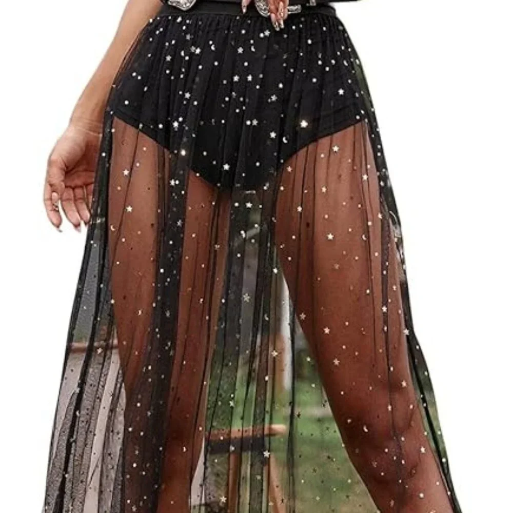 Size L Rave Outfit 2 in 1 Sheer Skirt Festival Clubwear Mesh High Waist Maxi - Picture 2 of 6